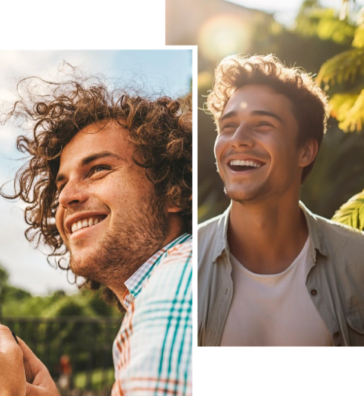 Dois homens felizes e sorridentes com cabelos longos sem sinais de calvície. Isto representa o ganho de confiança e satisfação dos pacientes da Rio Hair pós o tratamento capilar