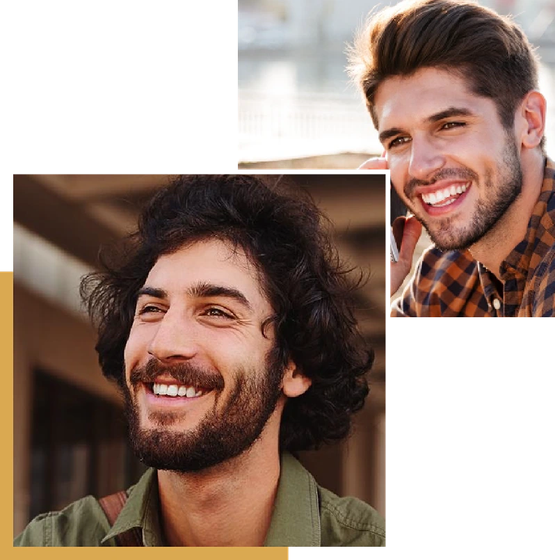 Dois homens felizes e sorridentes com cabelos longos sem sinais de calvície. Isto representa o estado dos clientes da Rio Hair pós o tratamento capilar
